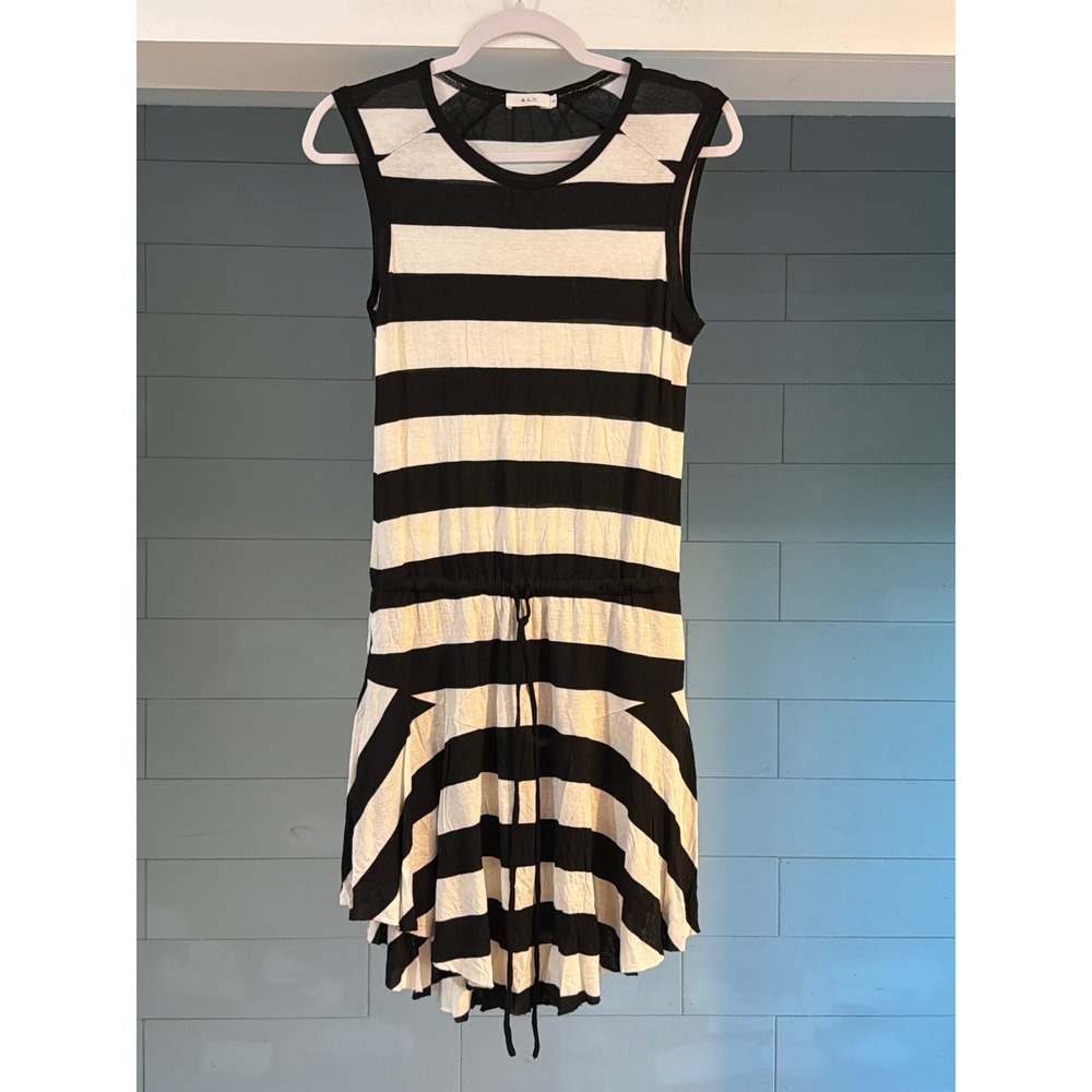 A.L.C. Black White Striped Sleeveless Drawstring Mini Dress XS